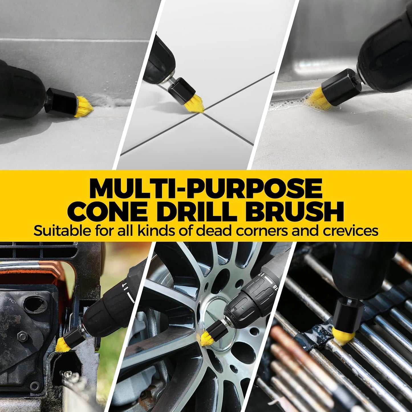Holikme 6Pc Drill Brush Set - Soft Bristles with Extension for Home Clean | 5 Head Sizes, Yellow Nylon Fibers, Power Scrubber Attachments for Tile, Tub, Shower, Floors, Kitchen and Auto Interior Care