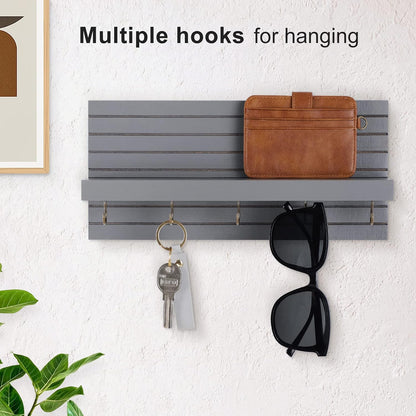 Lwenki Decorative Key Holder for Wall with Shelf, Entryway Shelf with Hooks Holds Leashes, Jackets and Glasses – Sturdy Wood Keyholder Entrance Hanger with Mounting Hardware (Black, Medium)