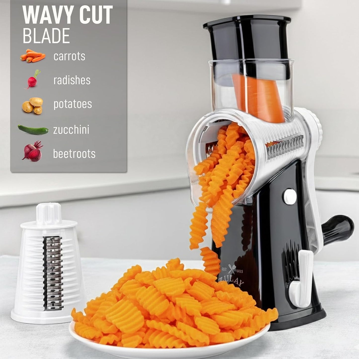 Zulay Kitchen Rotary Cheese Grater 5 Blade Cheese Shredder - Manual Hand Crank Cheese Grater With Reinforced Suction & 5 Interchangeable Drums - Easy to Use, Vegetable Chopper Round Mandoline Slicer - Colors B