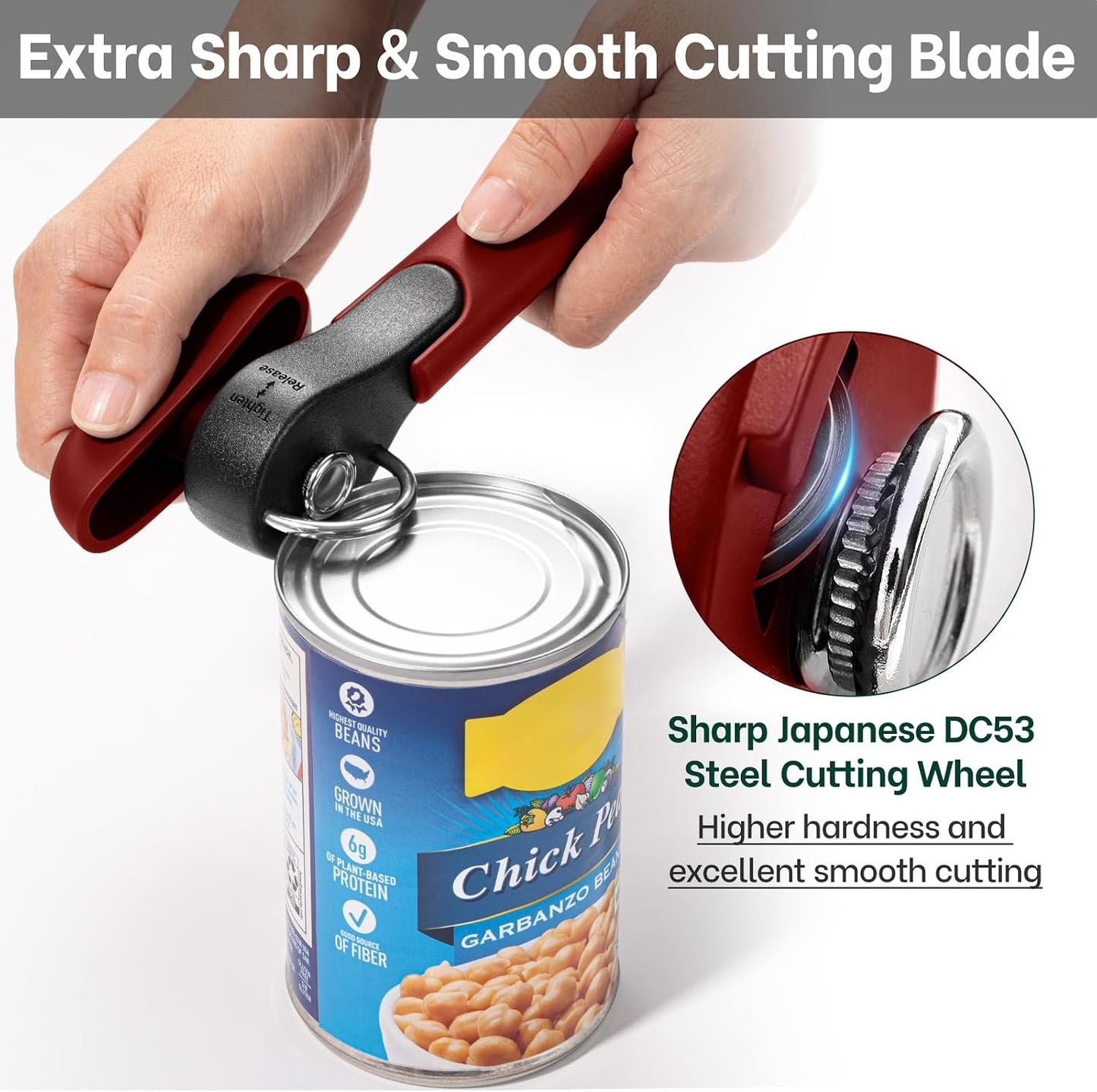 Beneno Side Cut Manual Can Opener, Smooth Cut with No Sharp Edges, Red | Premium Sharp DC53 Steel Blade, Soft Non-Slip Grip & Effortless Easy-Turn Knob