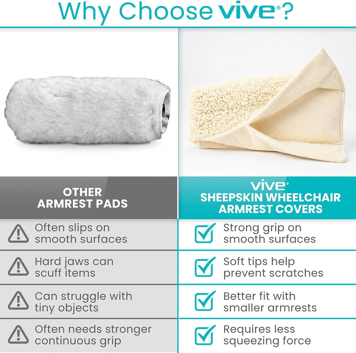 Vive Wheelchair Armrest Pads (2 PCS) - Memory Foam Sheepskin Cushion