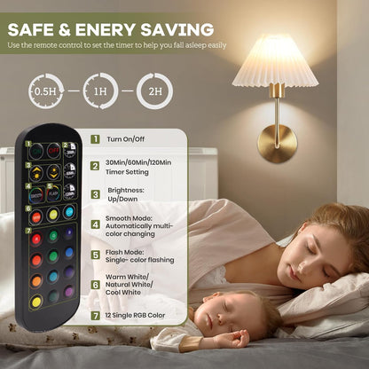 Rechargeable Battery Operated Wall Sconce Sets of 2, 15 Colors Wireless gooseneck Black Wall Lights Fixture with Dimmable Bulbs and Remote, Not Hardwired Wall Mounted Lamps for Bedroom Living Room