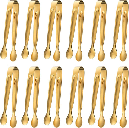 12Pcs Mini Serving Tongs,4.3"Stainless Steel Small Appetizer Tongs | Ice Tongs Sugar Tongs Mini Tongs for Appetizers Desserts Ice Bucket,Tea Party,Coffee Bar (Gold)