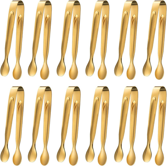12Pcs Mini Serving Tongs,4.3"Stainless Steel Small Appetizer Tongs | Ice Tongs Sugar Tongs Mini Tongs for Appetizers Desserts Ice Bucket,Tea Party,Coffee Bar (Gold)