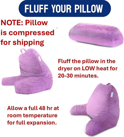 Reading Pillow for Bed with Arms Pockets for Adults, Large Grey | Bed Pillow for Sitting Up for Nursing, Breast Feeding, Bedrest or Relief from GERD or Heartburn; Removable, Washable Cover