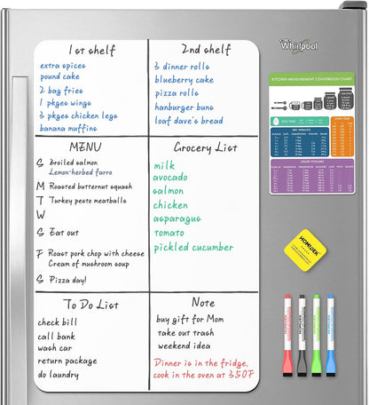 Magnetic Dry Erase Board: Small Fridge Whiteboard, Flexible Refrigerator Magnet White Board, Blank Writing Note Sheet with Dishwasher Magnet Clean Dirty Sign, 4 Markers & Eraser - 12 x 8