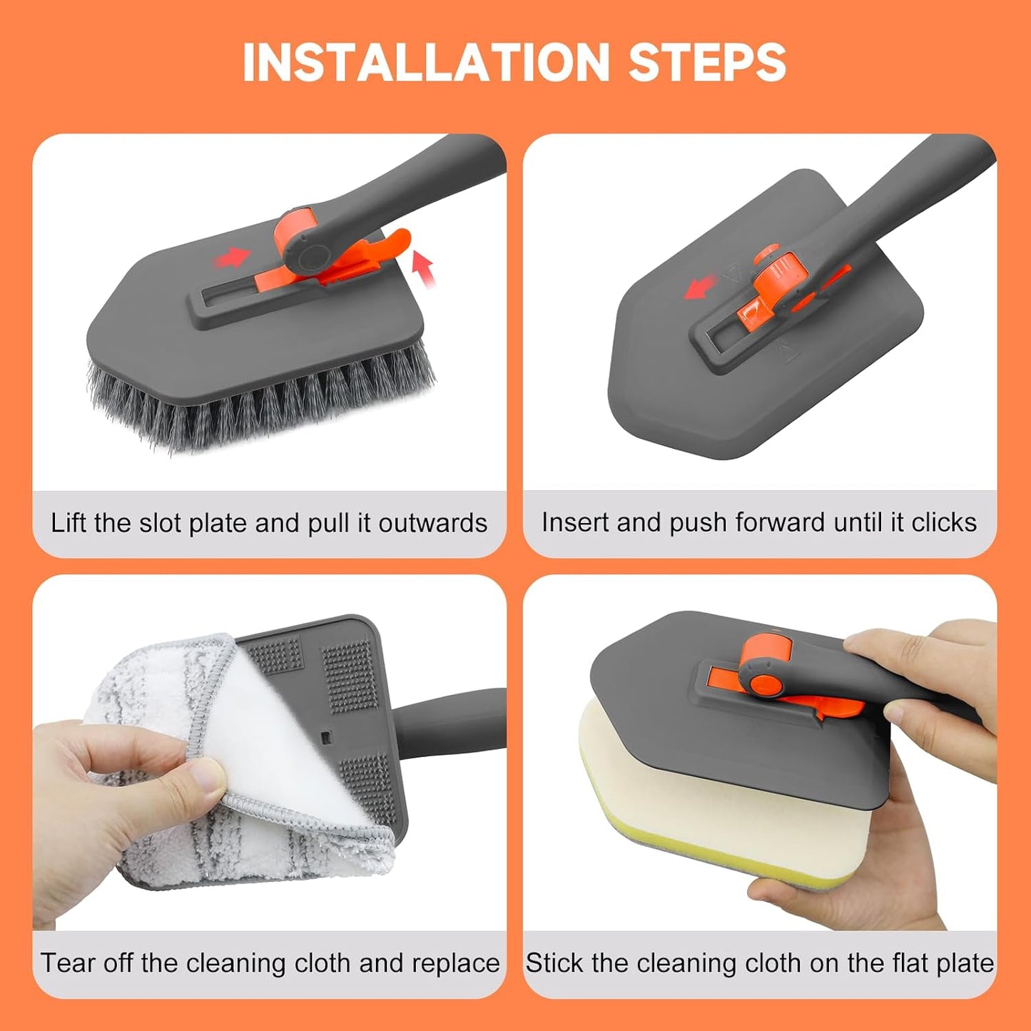 nacena Shower Scrubber with Long Handle, 4 in 1 Tile Tub Scrubber Brush with 3 Detachable Cleaning Heads and V-Shaped Grout Brush Shower Cleaner Brush for Bathroom Kitchen Toilet Tub Sink Wall, Black