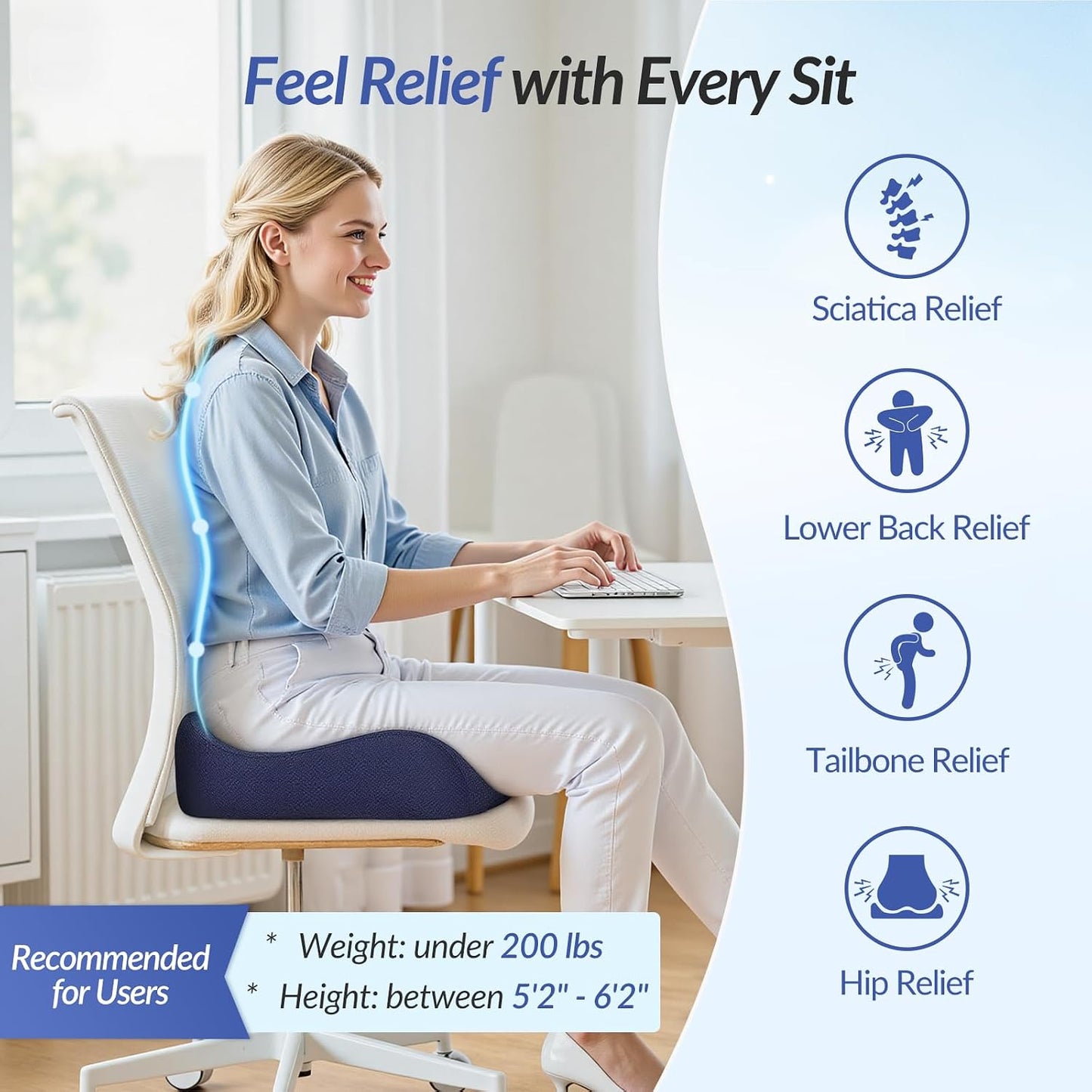 ZIKEE Contoured Ergonomic Seat Cushion for Effective Pain Relief, Non-Slip | Office Chair Cushion for Sciatica, Back, Tailbone Pain Relief, High-Density Memory Foam Car Seat Cushion for Sitting Comfort