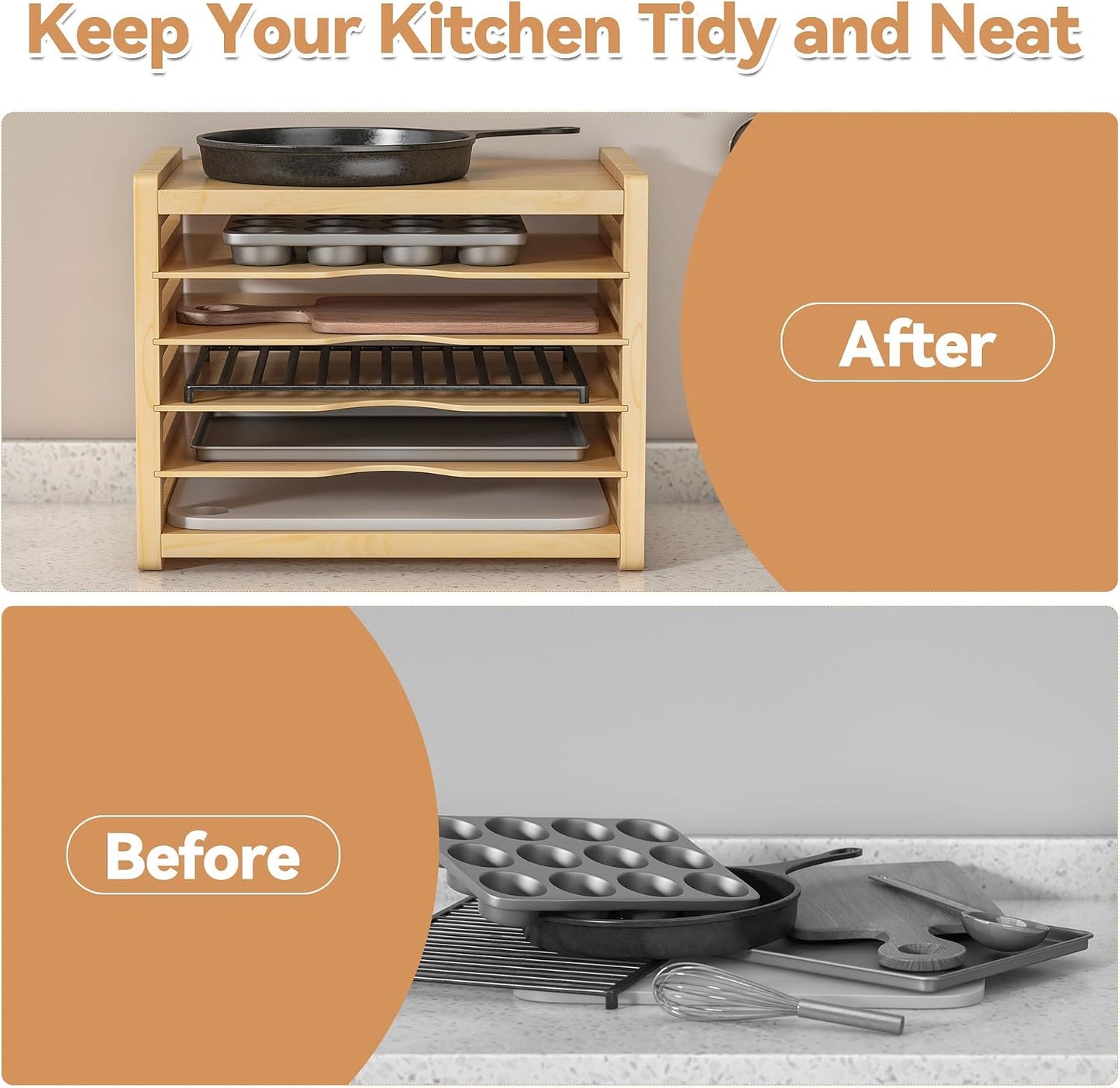 tonchean 6 Tier Wooden Tray Dividers for Cabinets | for pots, Cutting Board, Pans, Kitchen Organizers and Storage, 16.6" W x 13.1" H x 12.4" D