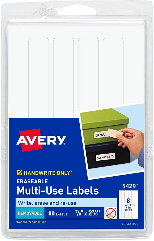 Avery® Erasable Multi-Use Removable Labels, 7/8" x 2-7/8", White, Non-Printable, 80 Blank Labels Total (5429)