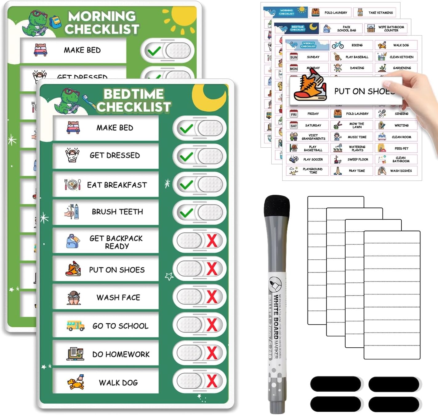 2 in 1 Upgraded Slider Morning/Bedtime Routine Chart for Kids Toddlers - Magnetic Kids Chore Chart for 2 Kids, Dry Erase Chore Chart for Kids, Visual Schedule for Kids with Cute Chore Stickers