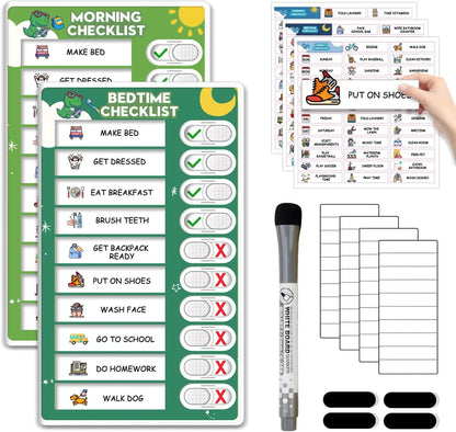 2 in 1 Upgraded Slider Morning/Bedtime Routine Chart for Kids Toddlers - Magnetic Kids Chore Chart for 2 Kids, Dry Erase Chore Chart for Kids, Visual Schedule for Kids with Cute Chore Stickers