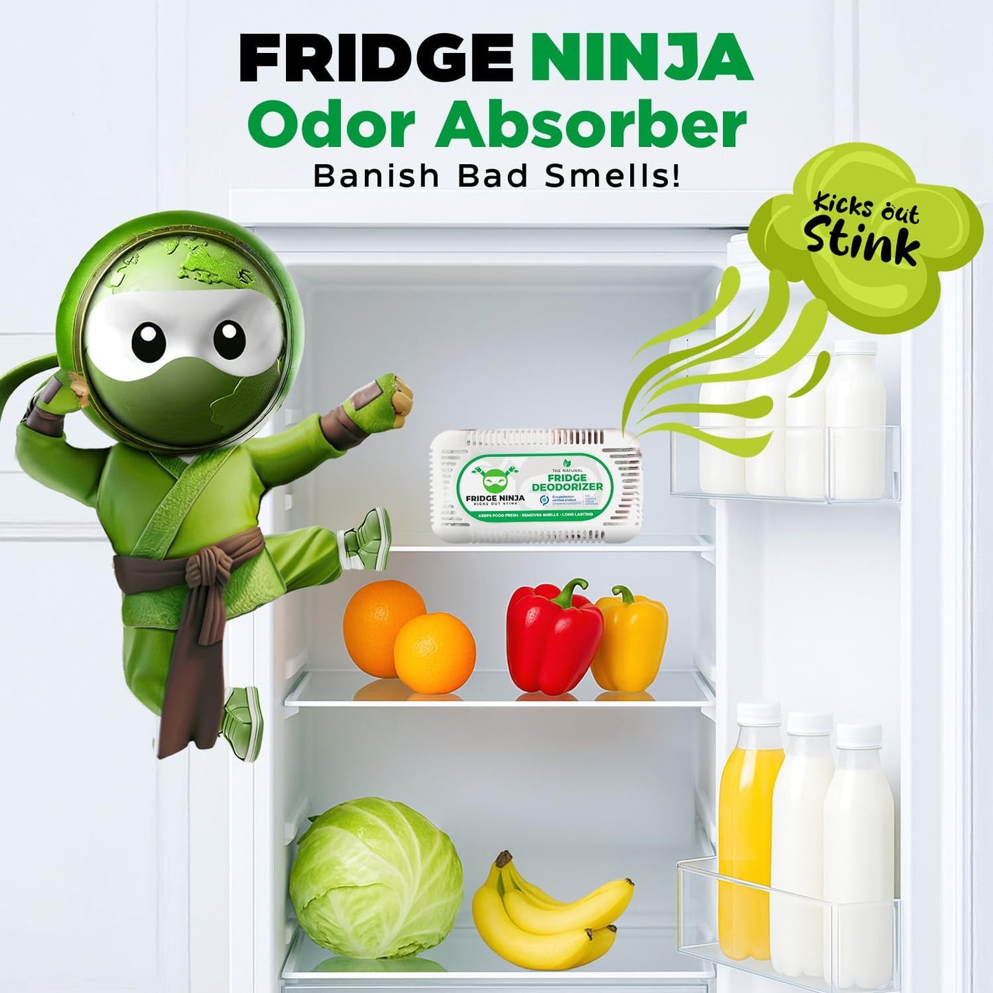 Fridge Ninja XL Pack Refrigerator Deodorizer, Fridge Odor Eliminator | Better than Baking Soda, Refrigerator & Fridge Smell Eliminator, Freezer Deodorizer Odor Eliminator for Refrigerators