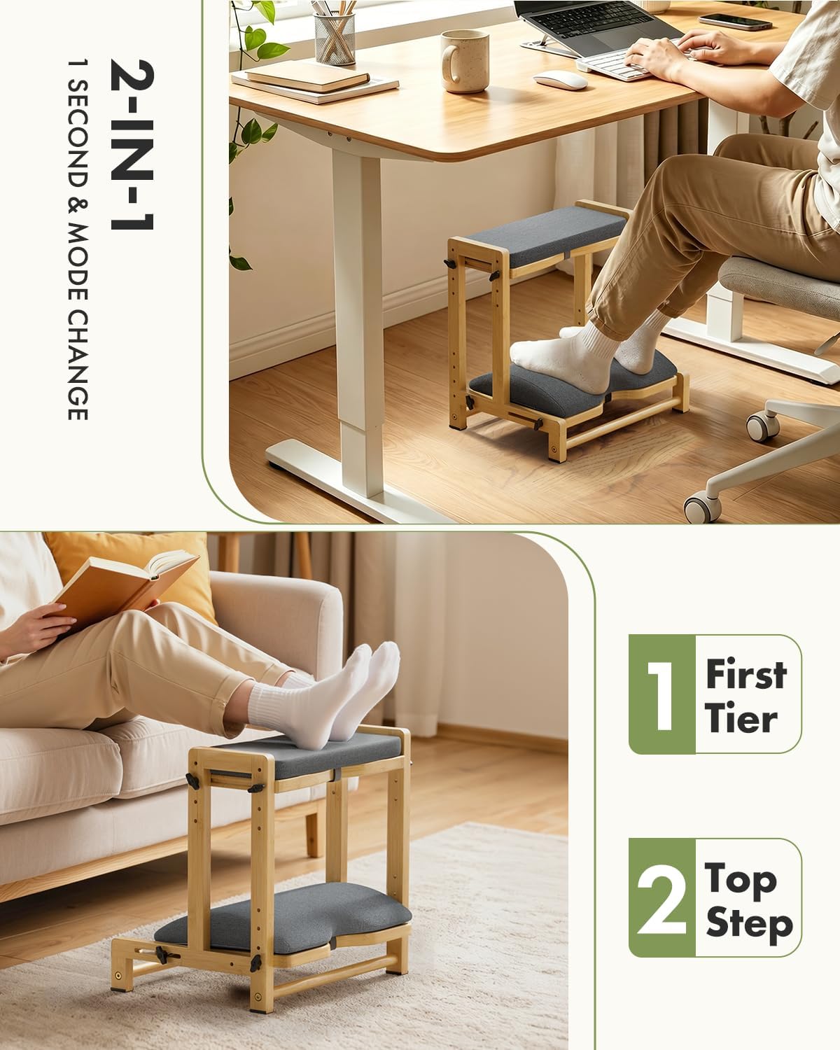 Amazer Bamboo Foot Rest for Under Desk at Work, 2-in-1 Reversible Rocking Footrest Adjustable Foot Stool, Ergonomic Footrest for Under Gaming Desk, Feet Support Leg Footstools for Home Office