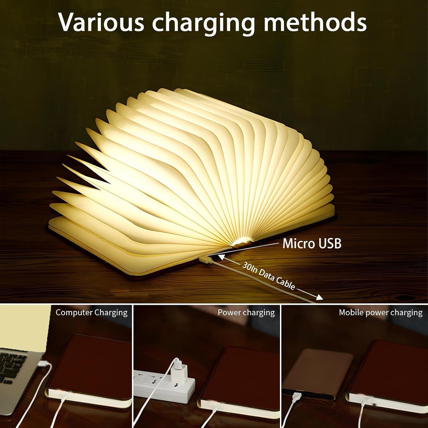 5.7 Inch Wooden Book Lamp, Multicolor Folding Book Lamp Automatically Changes Color, USB Rechargeable Book Lights, Novelty Night Light ﻿ (3Color, Large)