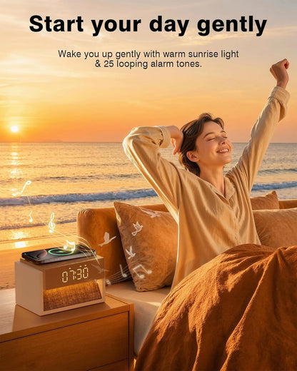 Sunrise Alarm Clock with Sound Machine, Bedroom Clock with Wireless Charger & 20 Soothing White Noise, Wake Up Sunlight Simulator for Adults