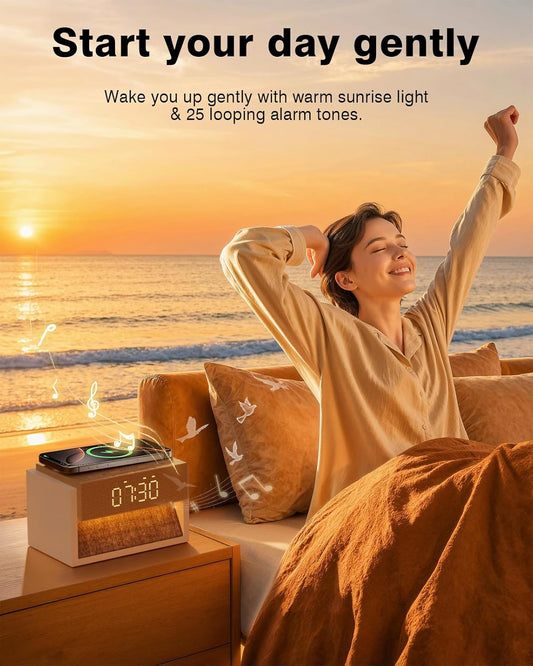 Sunrise Alarm Clock with Sound Machine, Bedroom Clock with Wireless Charger & 20 Soothing White Noise, Wake Up Sunlight Simulator for Adults