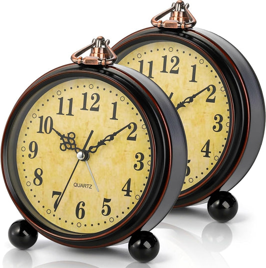 Pumtus 2 Pack Vintage Alarm Clocks, 5.2'' Silent Metal Analog Alarm Clock | Battery Operated Retro Table Clock, Decorative Non-Ticking Desk Clock Gift for Bedroom, Living Room, Office, Kitchen