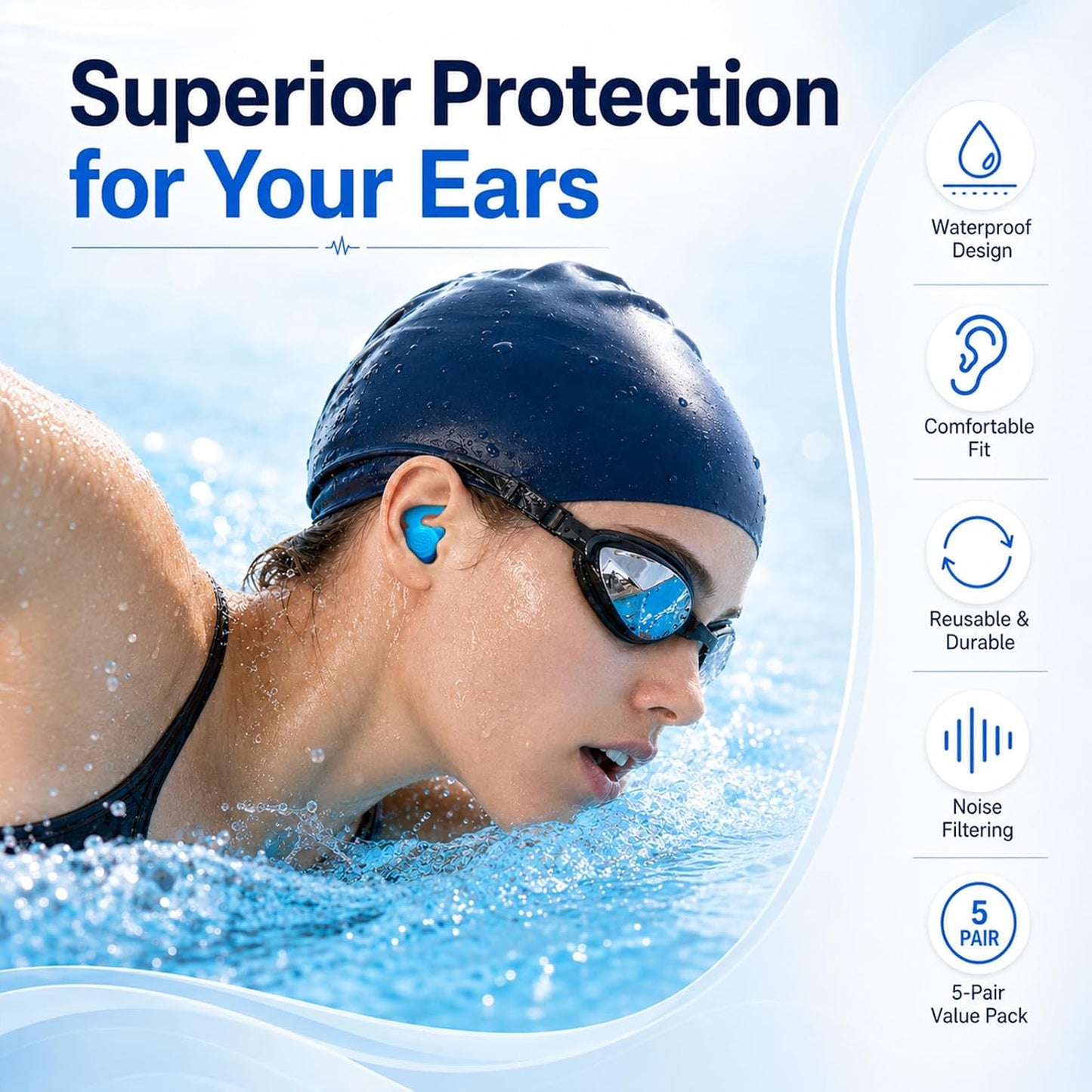 Swimming Ear Plugs, 5 Pairs Reusable Waterproof Ear Plugs for Swimming Adults & Teens, Soft Silicone Swim Earplugs with Individual Cases, Noise Reducing for Shower, Sleeping, Surfing, Travel