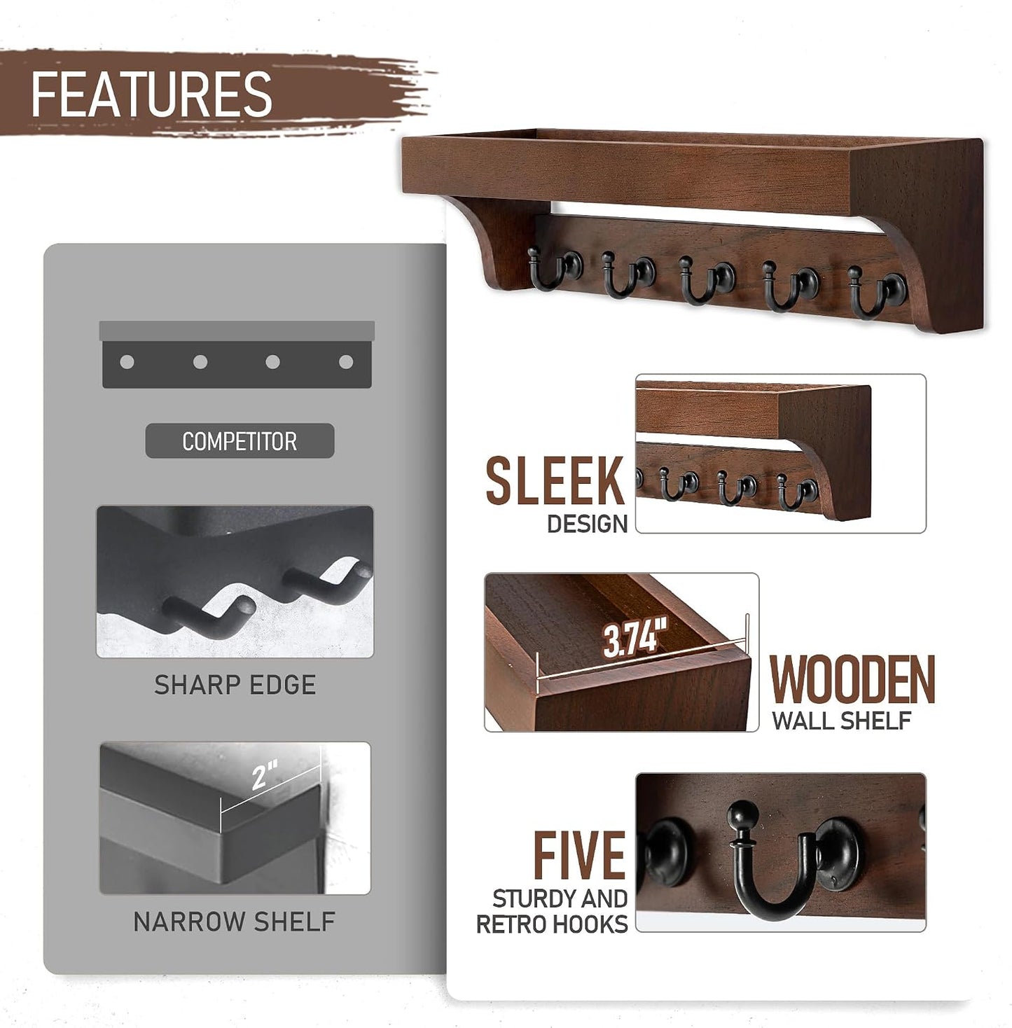 Rebee Vision Key Holder Wall Mount with 5 Hooks for Entryway, Retro Brown | Display Shelf for Plant & Letters, Key Shelf for Hats, Dog Leashes, Mail Organizer, Decorative Entryway & Living Room
