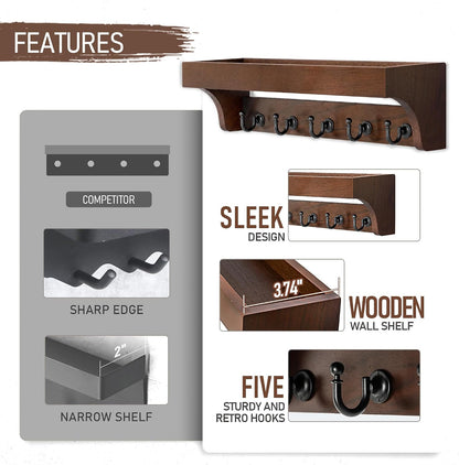 Rebee Vision Key Holder Wall Mount with 5 Hooks for Entryway, Retro Brown | Display Shelf for Plant & Letters, Key Shelf for Hats, Dog Leashes, Mail Organizer, Decorative Entryway & Living Room