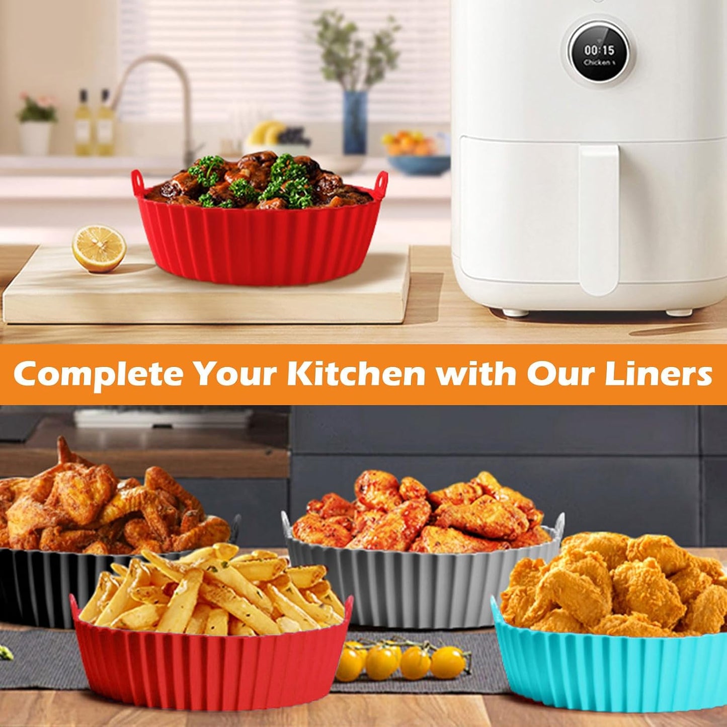 8 Inch Square Silicone Air Fryer Liners (2 Pack) Pink & Grey Reusable Non-Stick Inserts with Handles for Mess-Free Cooking & Heat Resistance – For Airfryer Ninja COSORI Instant Vortex & More