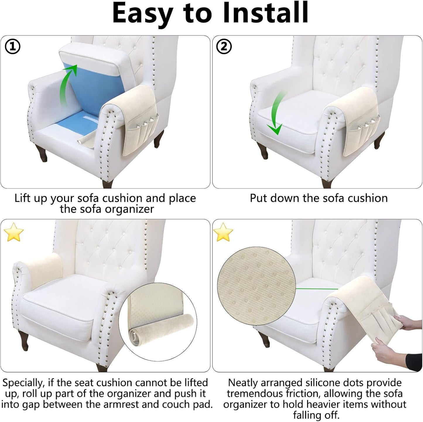 Remote Control Holder, Anti Slip Armchair Caddy Couch Caddy with 5 Pockets | Remote Holder Couch Caddy with 5 Pockets for Storage Accessories Bedside Organizer Senior Gifts (Beige,35''x12.4'')