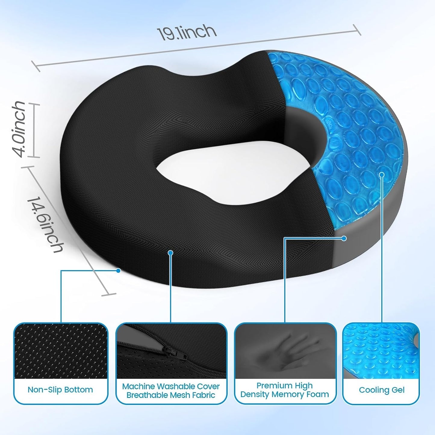 Donut Pillow Seat Cushion, Cooling Gel Memory Foam Chair Cushion, Black | Office, Home & Car Seat Cushion, Butt Pillow for Tailbone Pain Relief, Hemorrhoids and Everyday Sitting Comfort