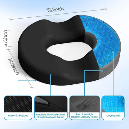 Donut Pillow Seat Cushion, Cooling Gel Memory Foam Chair Cushion, Black | Office, Home & Car Seat Cushion, Butt Pillow for Tailbone Pain Relief, Hemorrhoids and Everyday Sitting Comfort