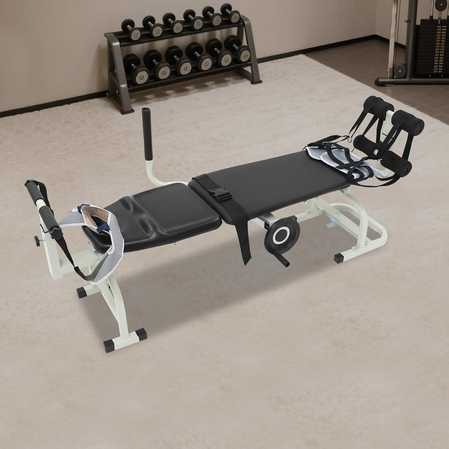 Multifunctional Body Stretcher, 330.69lbs Load Folding Massage Bed Back Stretch Bench Lumbar Traction Bed Neck Stretcher Traction Table with Headrest for Home Use Rehabilitation Centers Clinics
