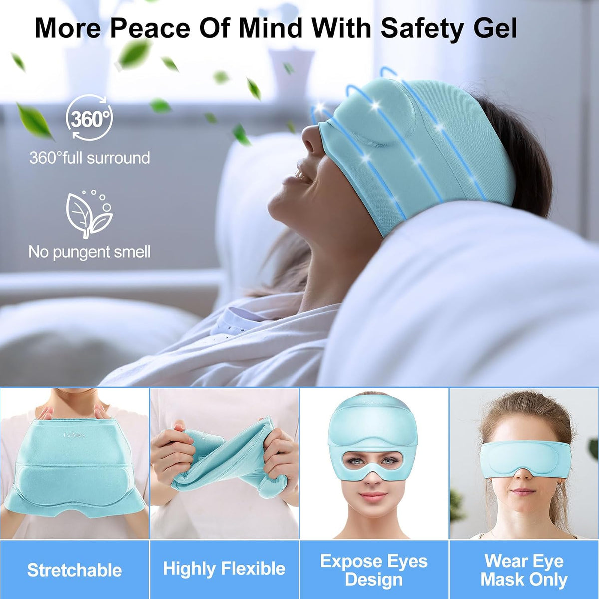 2 in 1 Migraine Relief Cap with Gel Eye Mask, Headache Relief Cap Ice Head Wrap Hot and Cold Therapy Hat Gift for Women for Headache Puffy Eyes Sinus and Tension Stress Relief (Light Purple)