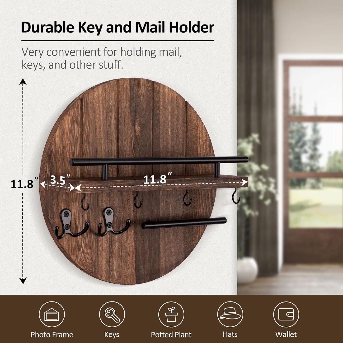 Nekon Key Holder Wall Mount, 11.8” Wood Mail Organizer for Wall, Brown | Round Wall Shelf with 6 Key Hooks, Rustic Key and Mail Holder, Key Hanger for Entryway Hallway Kitchen