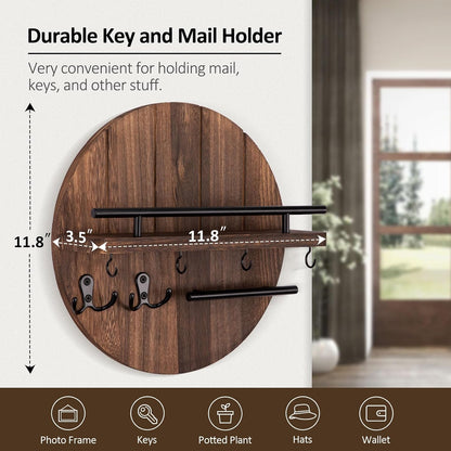 Nekon Key Holder Wall Mount, 11.8” Wood Mail Organizer for Wall, Brown | Round Wall Shelf with 6 Key Hooks, Rustic Key and Mail Holder, Key Hanger for Entryway Hallway Kitchen