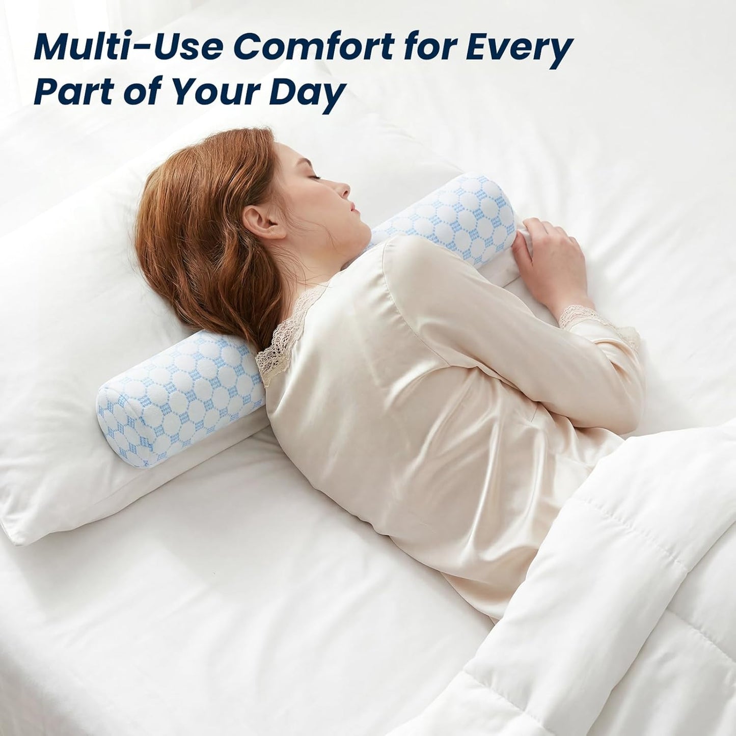 Neck Roll Pillow for Neck Pain Relief - Memory Foam Neck Support Pillow for Bed | Round Neck Pillow for Sleeping, 15.7 * 6 * 6 inch (Cool-Blue)