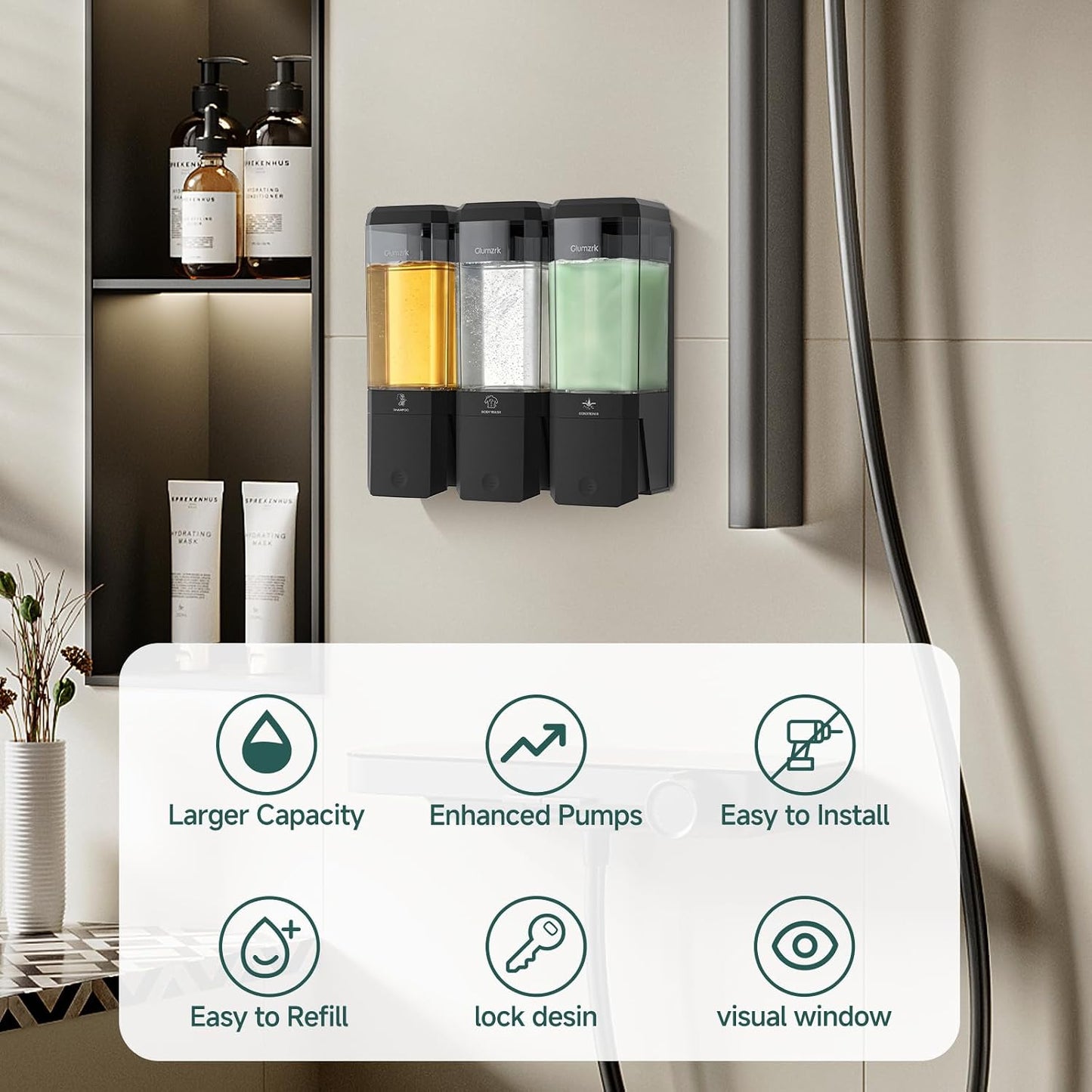 Shampoo and Conditioner Dispenser 3 Chamber No Drill Shampoo Dispenser for Shower Wall Mounted Shower Soap Dispenser 3 * 500ml Refillable Shower Dispenser for Bathroom Hotel(Black 3 Chamber)