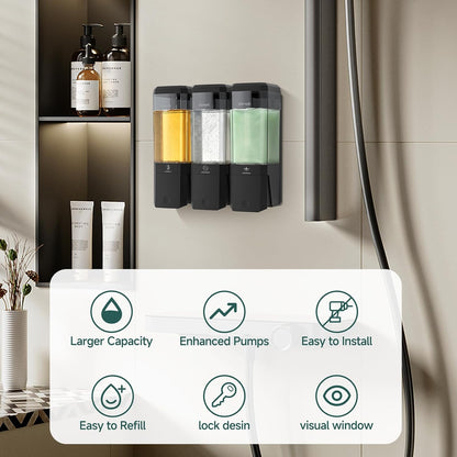 Shampoo and Conditioner Dispenser 3 Chamber No Drill Shampoo Dispenser for Shower Wall Mounted Shower Soap Dispenser 3 * 500ml Refillable Shower Dispenser for Bathroom Hotel(Black 3 Chamber)