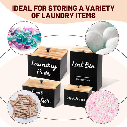 4 Pcs Magnetic Laundry Pod Holder Laundry Room Container Set, Lint Bin with Scoop and Brush Dryer Sheet Holder, Scent Booster Container Rustic Gift Wood Farmhouse Room Decorcontainer(Black)