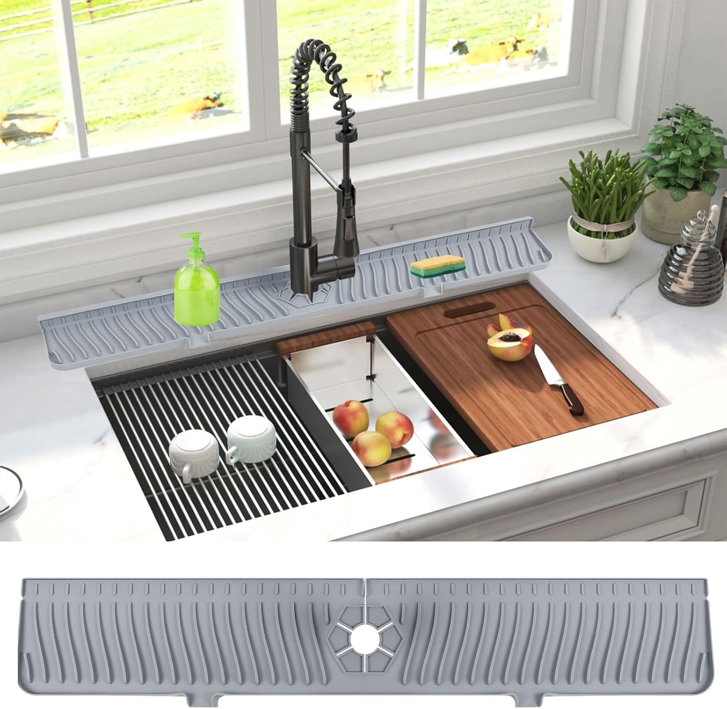 Derlights 33 inch Sink Splash Guard Mat, Silicone Faucet Handle Drip Catcher Tray, Longer Silicone Sink Mat for KitchenBathroom, Drip Protector Splash Countertop (Gray)