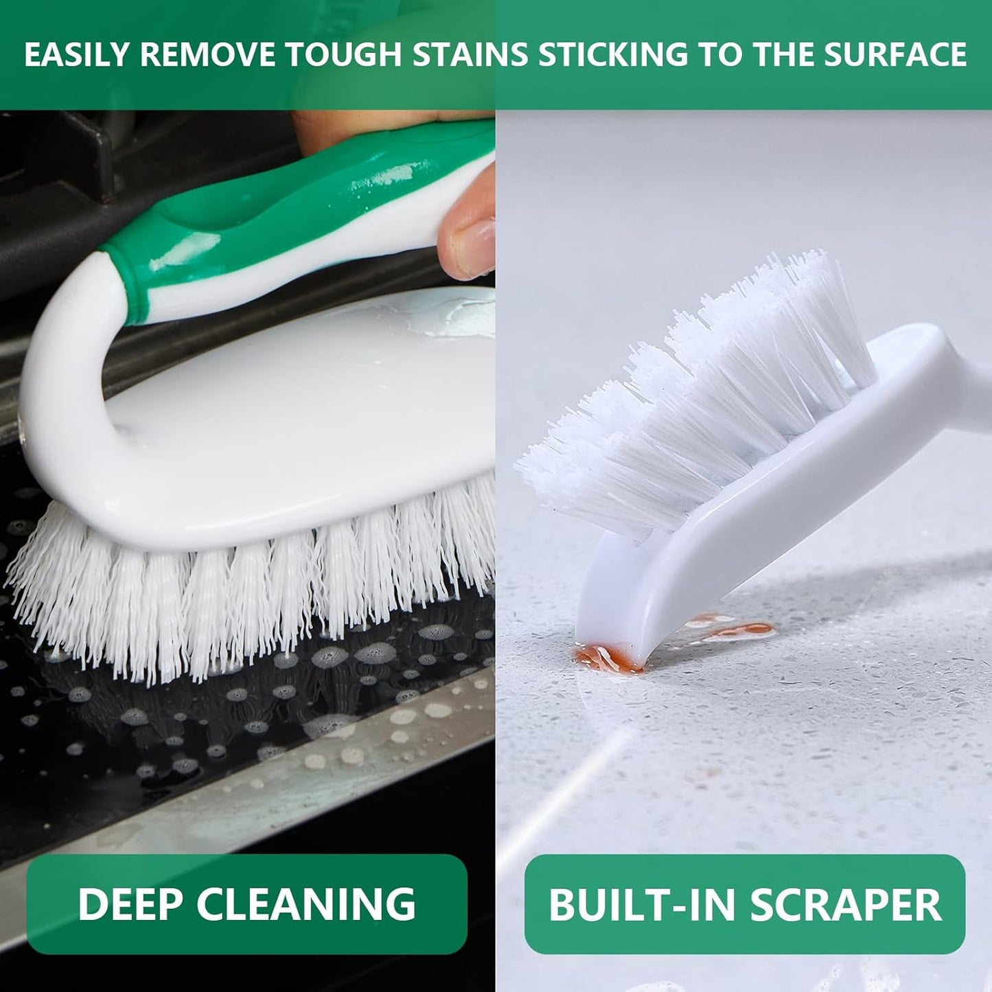 Scrub Brush Set, 4 Pack Deep Cleaning Brush Kit, Green | 2 Scrub Brush, 2 Tile & Grout Brush with Built-in Scraper, Household Commercial Scrubber for Floor, Shower, Pool Wall, Tub