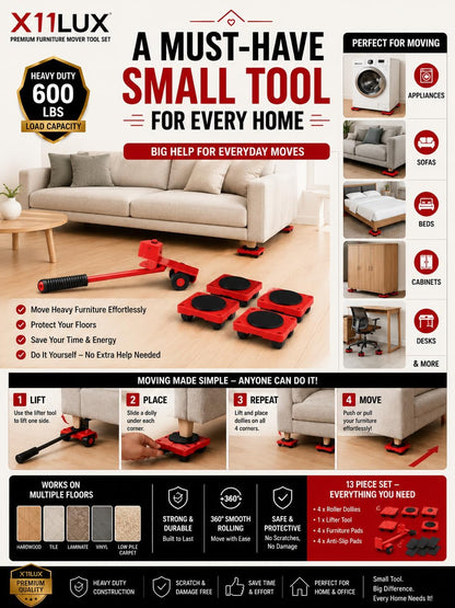 X11LUX - Furniture Moving & Lifting Tool Set, 360° Swivel Wheels, Lifter for Sofa, Cabinet, Washing Machine Appliances, Easy Moving Small Tool, Must Have for Home, Best for Hard Floor