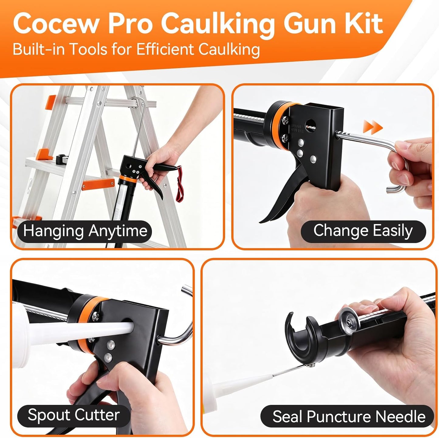 Caulk Gun Kit, Smooth Silicone Caulking Gun and Caulk Remover Tool, Sealant Finishing Tool Grout Scraper for Kitchen Bathroom Window Sink Joint, All in One with Gift Box