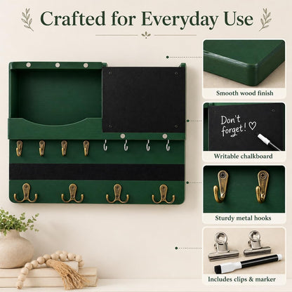 Key Holder for Wall Mount with Shelf and Mail Organizer, Key and Mail Holder with 16 Hooks, Farmhouse Entryway Organizer, Home Decor Rack (Pine Wood, White Washed)