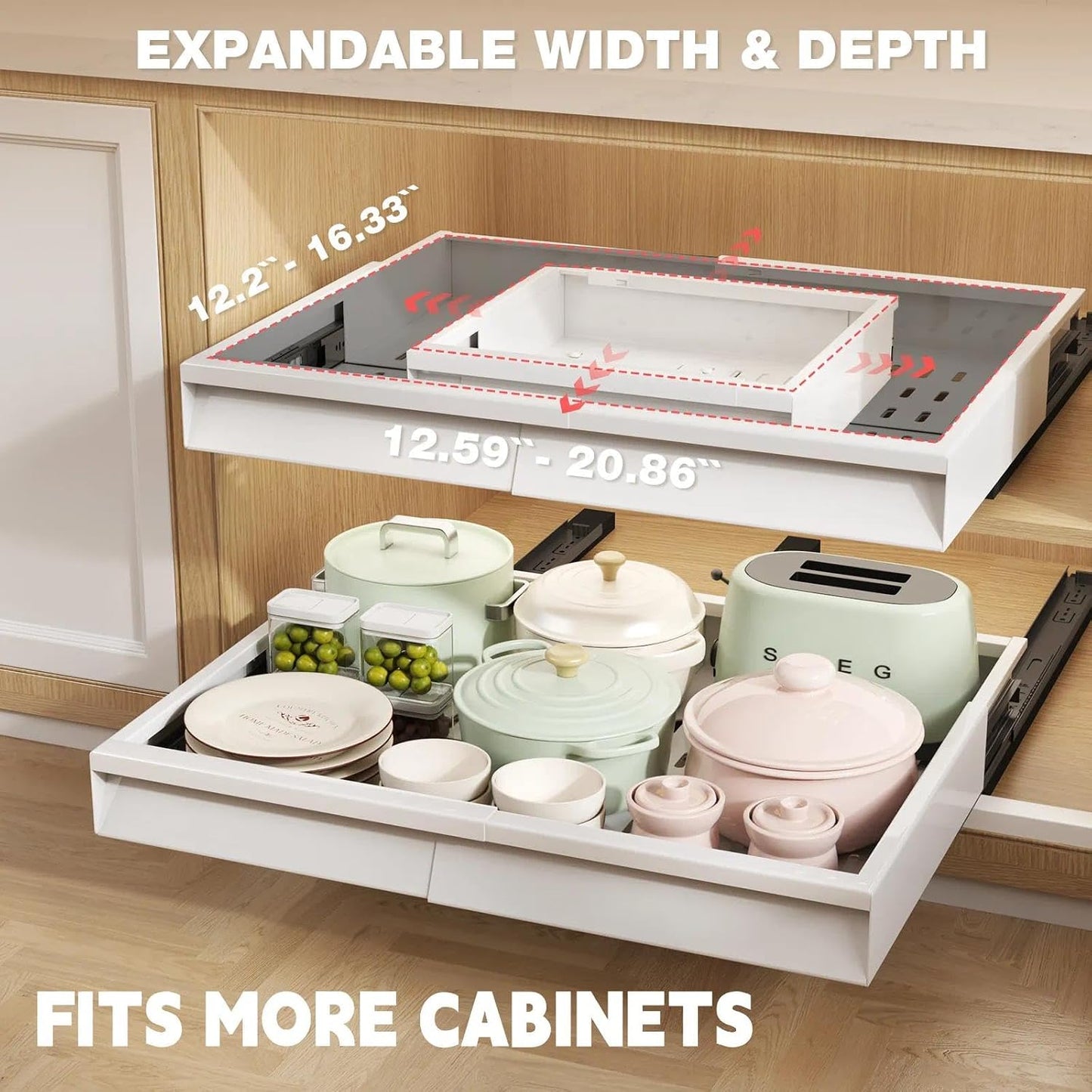 Seinloes Pull Out Cabinet Organizer, 4-Side Expandable to Fit Most Cabinets, 3 Rail Slide Out Drawers with Raising Pad for Framed & Frameless Cabinets, 13"-21" W x 17"-24" D, White, 2 Pack