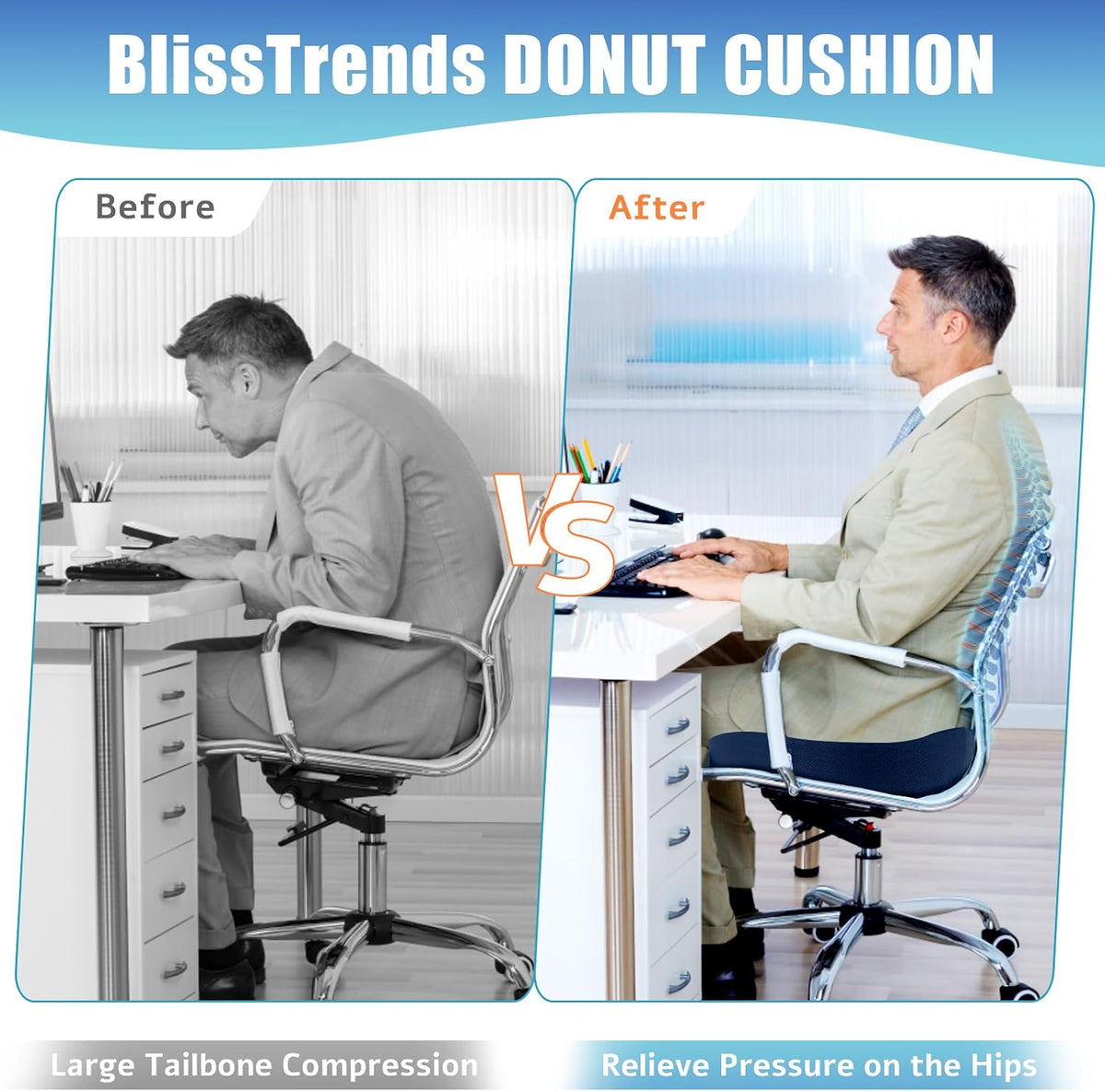 BlissTrends Donut Pillow Seat Cushion, Memory Foam Lifting Cushions(Black)