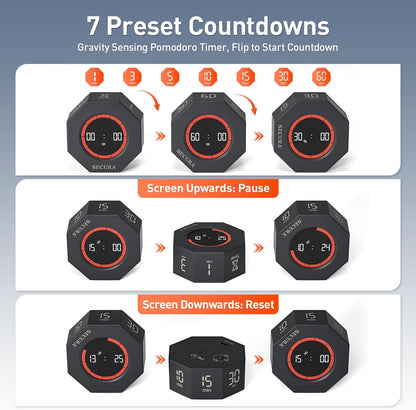 Secura Pomodoro Timer for ADHD & Productivity, Flip Cube Timer with 7 Presets (1/3/5/10/15/30/60 Min), Visual Countdown Progress Bar for Work, Study, Kids & Desk (White)