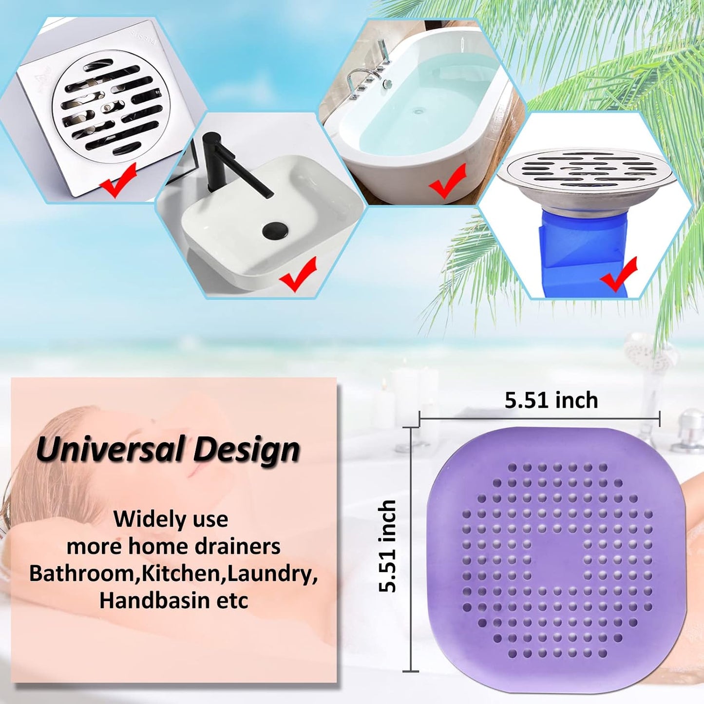 Bovinde Hair Drain Catcher,Square Cover for Shower 2 Pack (Black) | Drainer Cover Silicone Hair Stopper with Suction Cups,Protector Accessories,Easy to Install Suit for Bathroom,Bathtub,Sink