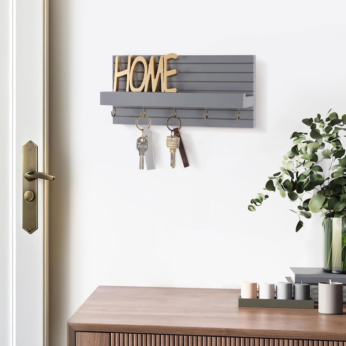 Lwenki Decorative Key Holder for Wall with Shelf, Entryway Shelf with Hooks Holds Leashes, Jackets and Glasses – Sturdy Wood Keyholder Entrance Hanger with Mounting Hardware (Black, Medium)