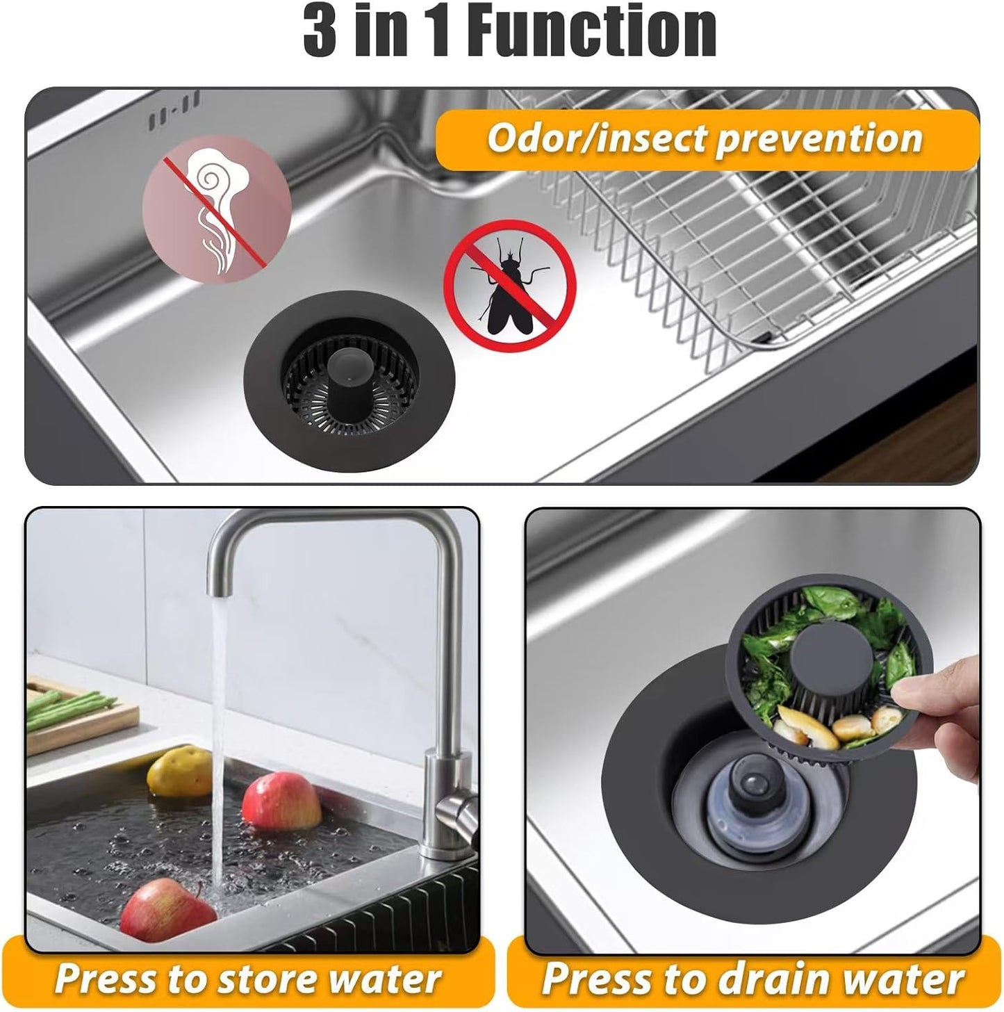 Anlige Kitchen Sink Drain Strainer, 3 in 1 Pop Up Kitchen Sink Stopper, with An Extra Basket Strainer, Universal for US Standard 3-1/2 Inch, Chrome Silver