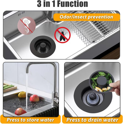 Anlige Kitchen Sink Drain Strainer, 3 in 1 Pop Up Kitchen Sink Stopper, with An Extra Basket Strainer, Universal for US Standard 3-1/2 Inch, Chrome Silver