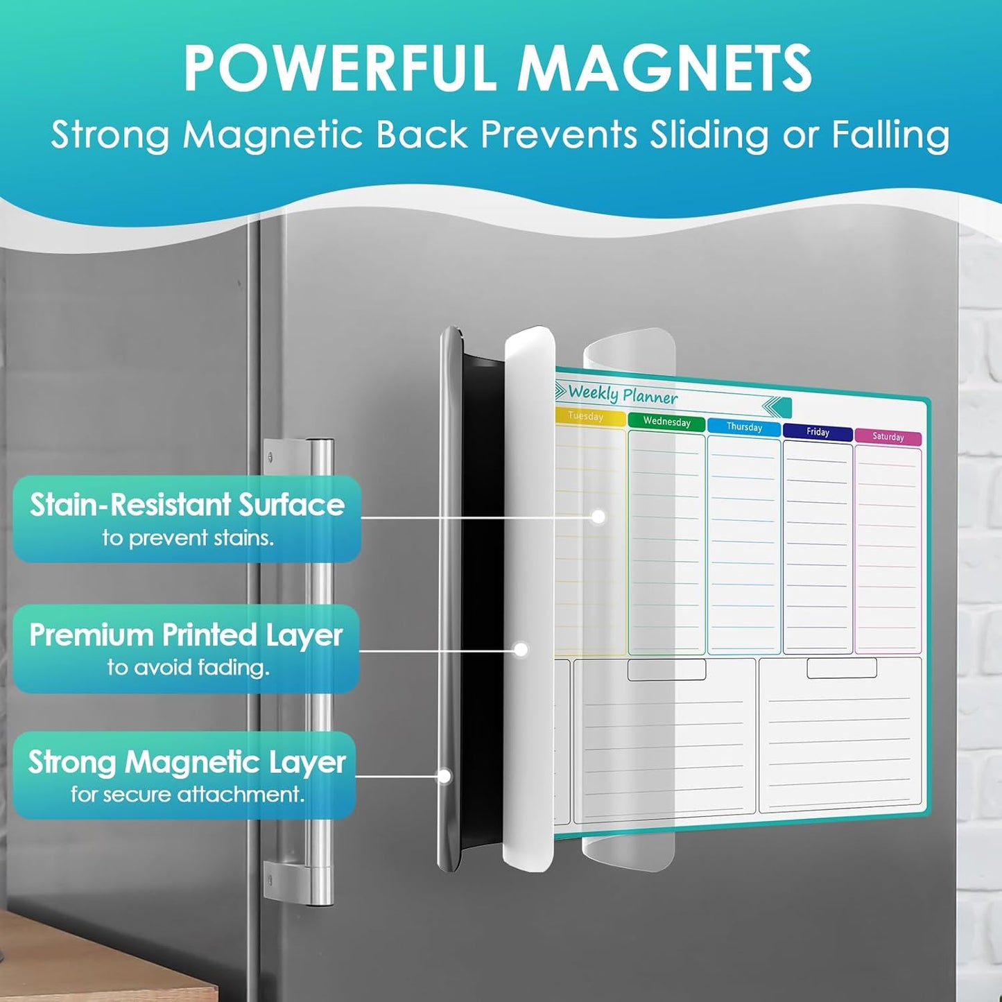 MaxGear Weekly Dry Erase Board for Fridge, 16"x12" Magnetic Calendar | Strong Magnetic, Smooth Writing and Effortless Erasing, Stain Resistant without any Stains with 7 Markers and 1 Eraser